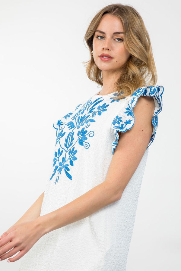 Flutter Sleeve Textured Embroidered Dress