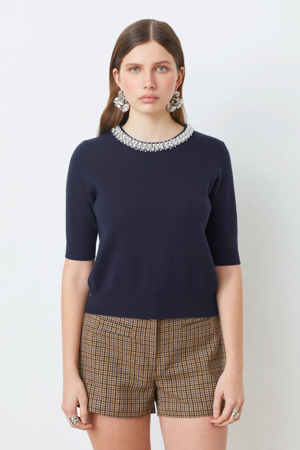 Pearl Cropped Jumper with Jewelled Collar