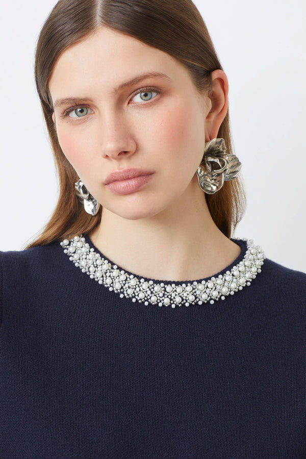 Pearl Cropped Jumper with Jewelled Collar