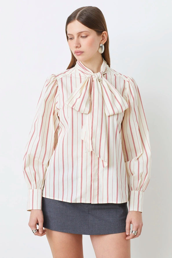 Lips Striped Blouse with Bow Collar