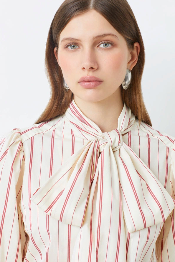 Lips Striped Blouse with Bow Collar
