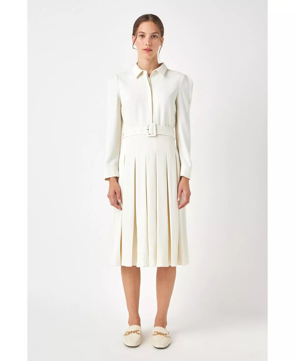 Pleated Collared Long Sleeve Midi Dress