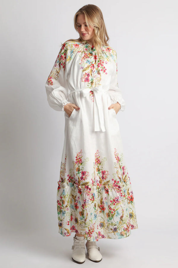 Lora Floral Print Linen Belted Maxi Sheath Dress