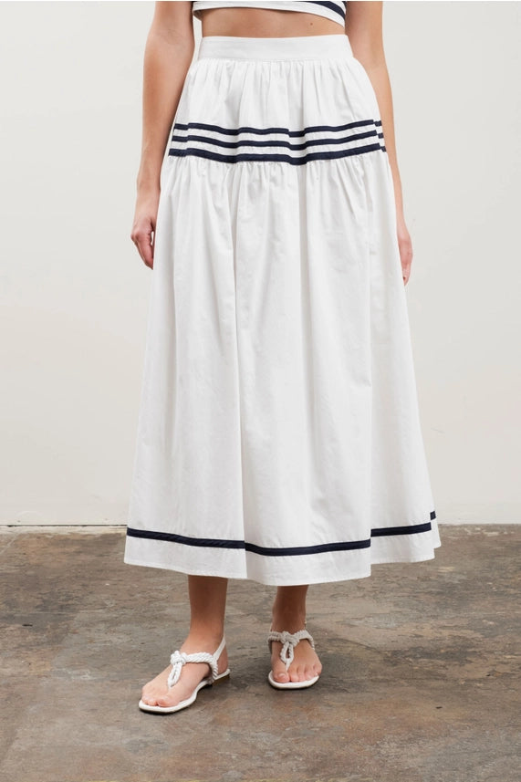 Stripe Detail Shirred A-Line Midi Skirt
