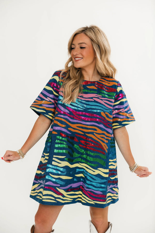 Denim with Rainbow Tiger Short Sleeve Dress