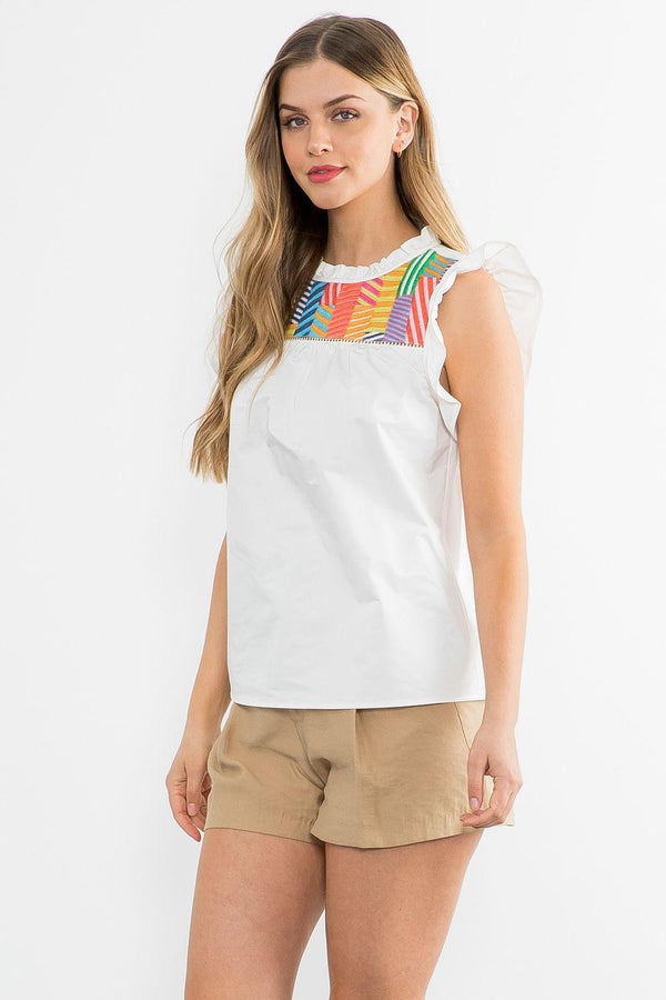 Flutter Sleeve Embroidered Poplin Top