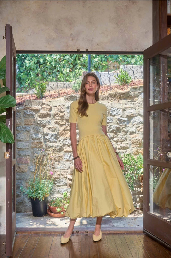 Short Sleeve Crewneck Bubble Skirt Midi Dress