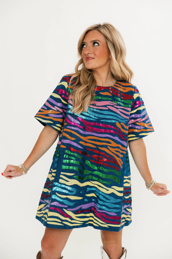 Denim with Rainbow Tiger Short Sleeve Dress