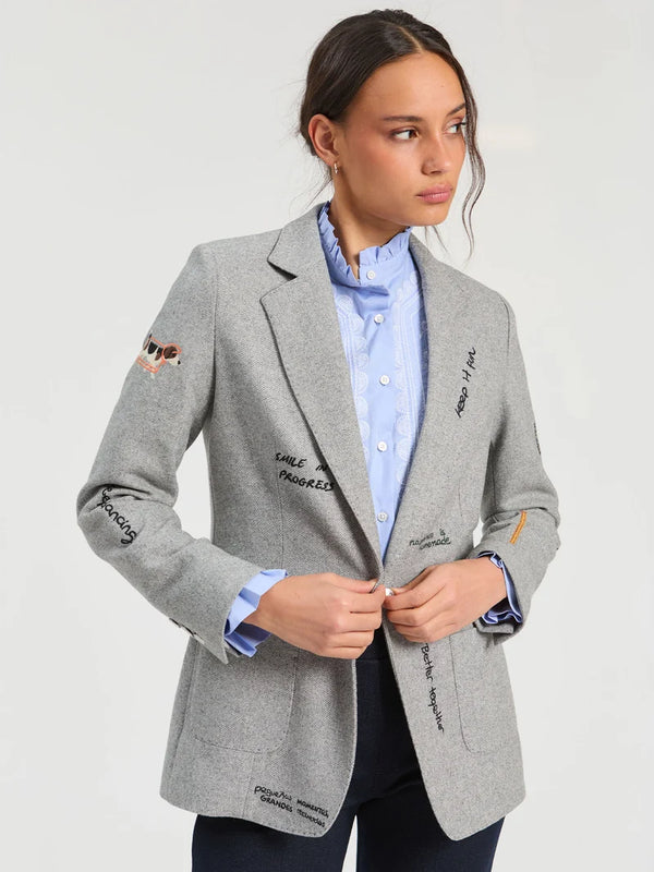 Grey Herringbone Jacket Doodle Embroidery