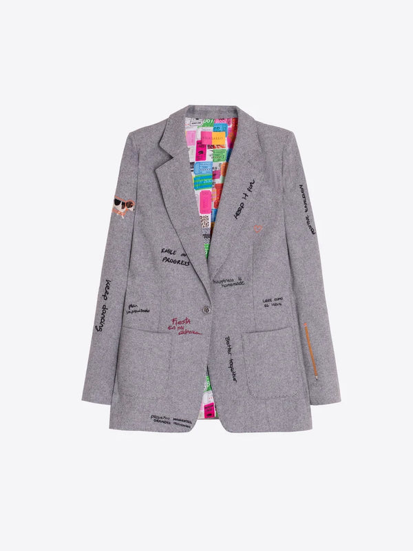 Grey Herringbone Jacket Doodle Embroidery
