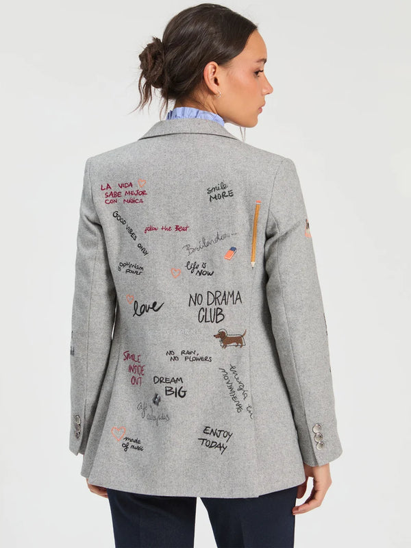 Grey Herringbone Jacket Doodle Embroidery