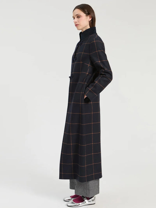 Navy Plaid Wool Duffle Coat