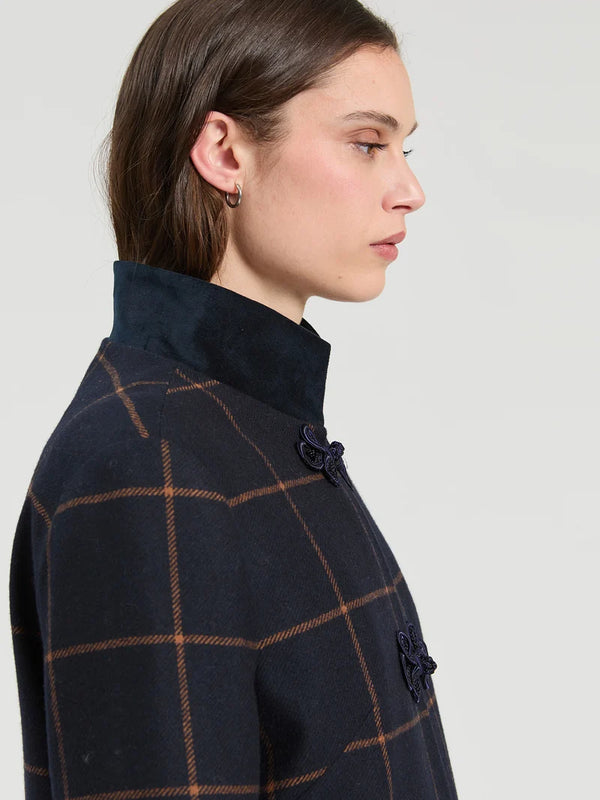 Navy Plaid Wool Duffle Coat