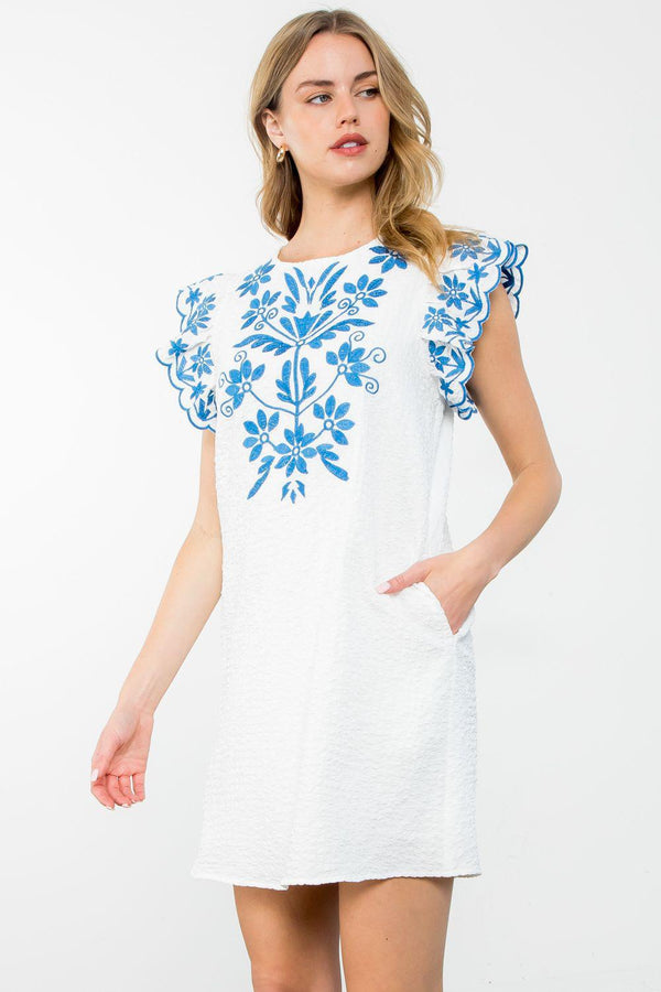 Flutter Sleeve Textured Embroidered Dress