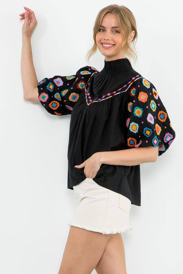 Puff Sleeve Embroidered Top