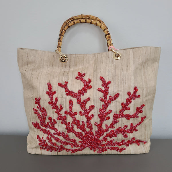 Beaded Cut-Out Bamboo Handle Bag