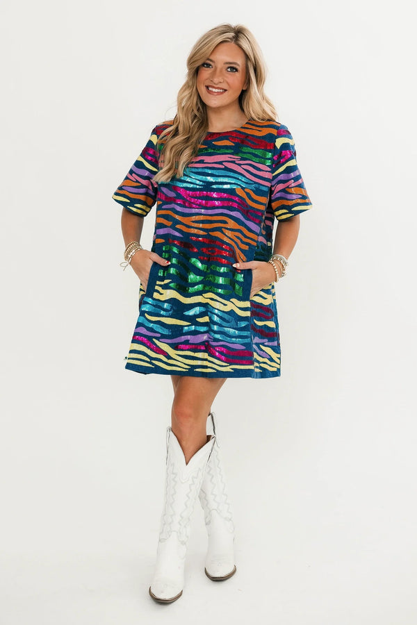 Denim with Rainbow Tiger Short Sleeve Dress
