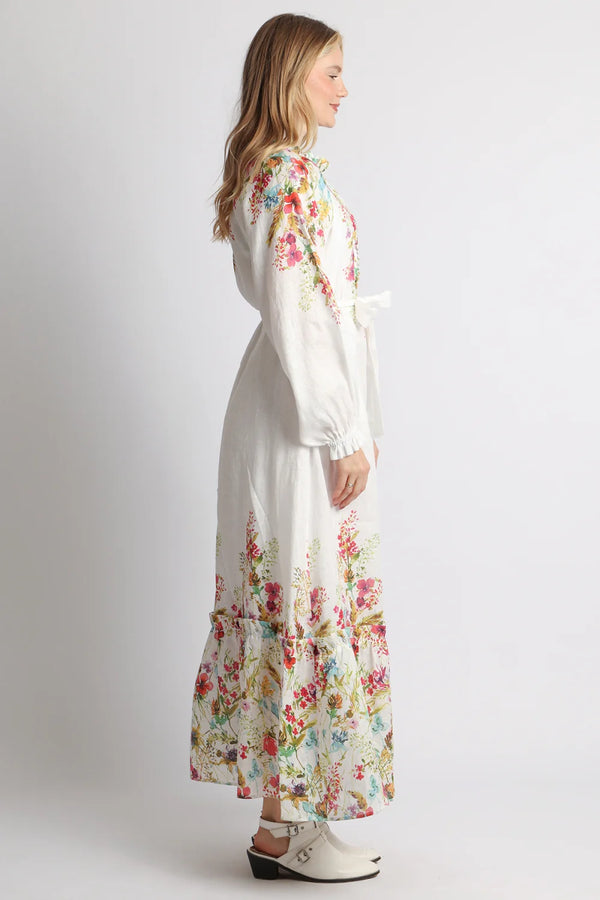 Lora Floral Print Linen Belted Maxi Sheath Dress