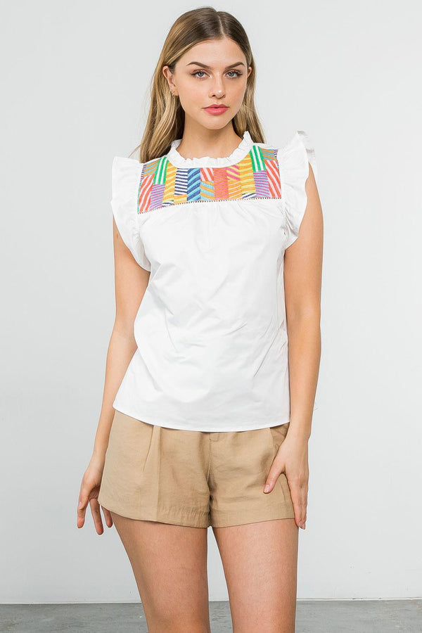 Flutter Sleeve Embroidered Poplin Top