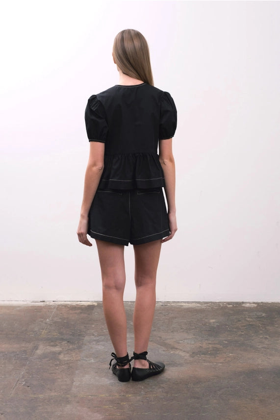 Puff Sleeve Front Tie Contrast Detail Top