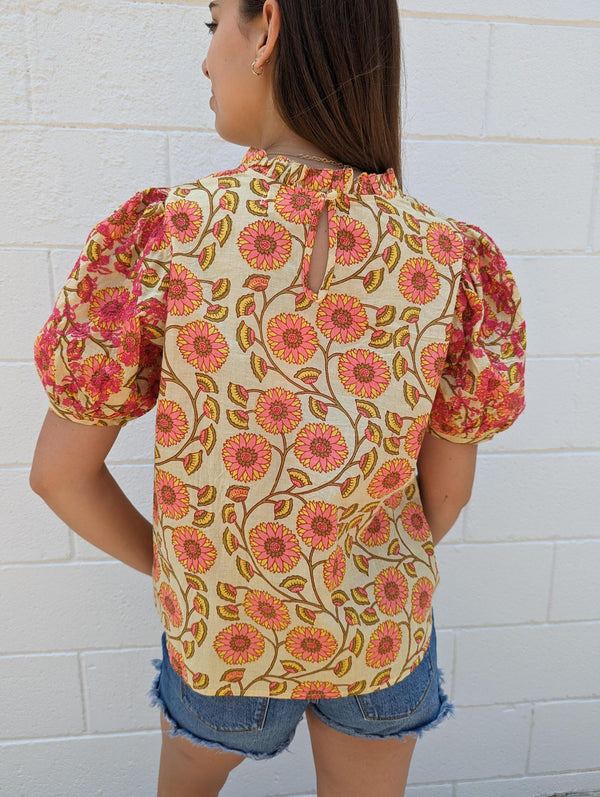 Embroidered Short Sleeve Flower Print Top
