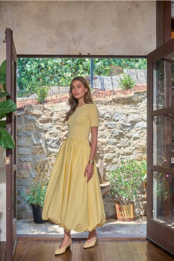 Short Sleeve Crewneck Bubble Skirt Midi Dress