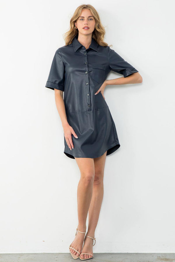Short Sleeve Button Up Leather Dress