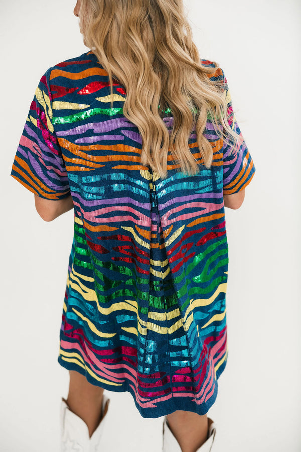 Denim with Rainbow Tiger Short Sleeve Dress