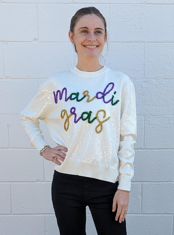 Mardi Gras Full Sequin Glitter Script Sweater