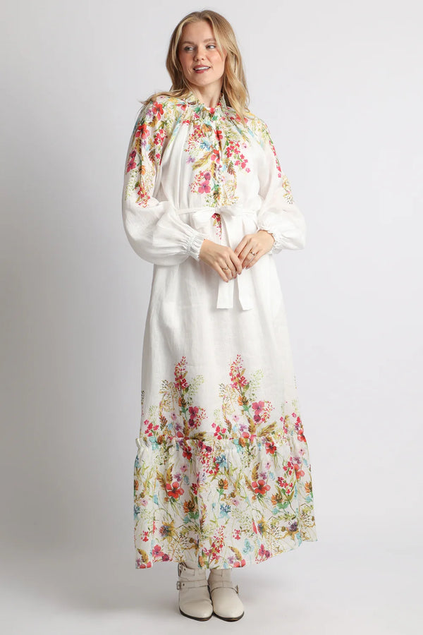 Lora Floral Print Linen Belted Maxi Sheath Dress
