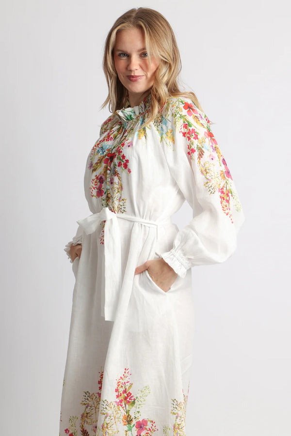 Lora Floral Print Linen Belted Maxi Sheath Dress