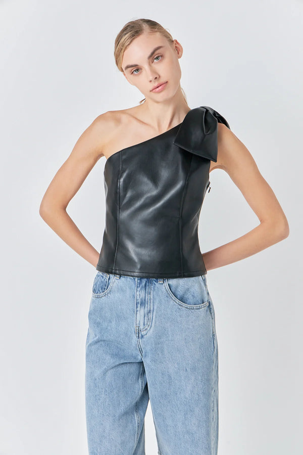 Asymmetric Faux Leather Top with Bow Tie