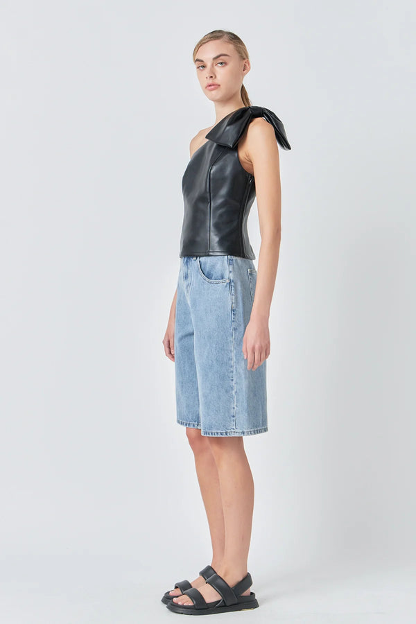 Asymmetric Faux Leather Top with Bow Tie