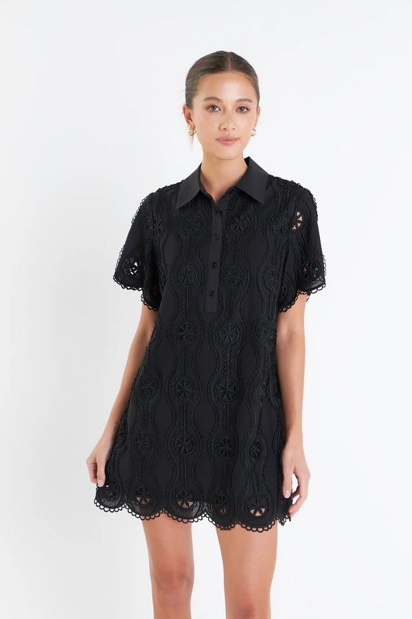 Scallop Embroidered Cotton Mini Shirt Dress