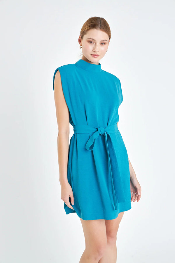 Sleeveless Shoulder Pad Shift Dress with Tie