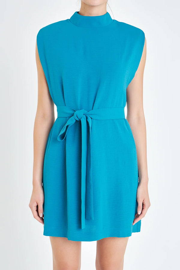 Sleeveless Shoulder Pad Shift Dress with Tie