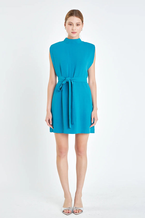 Sleeveless Shoulder Pad Shift Dress with Tie