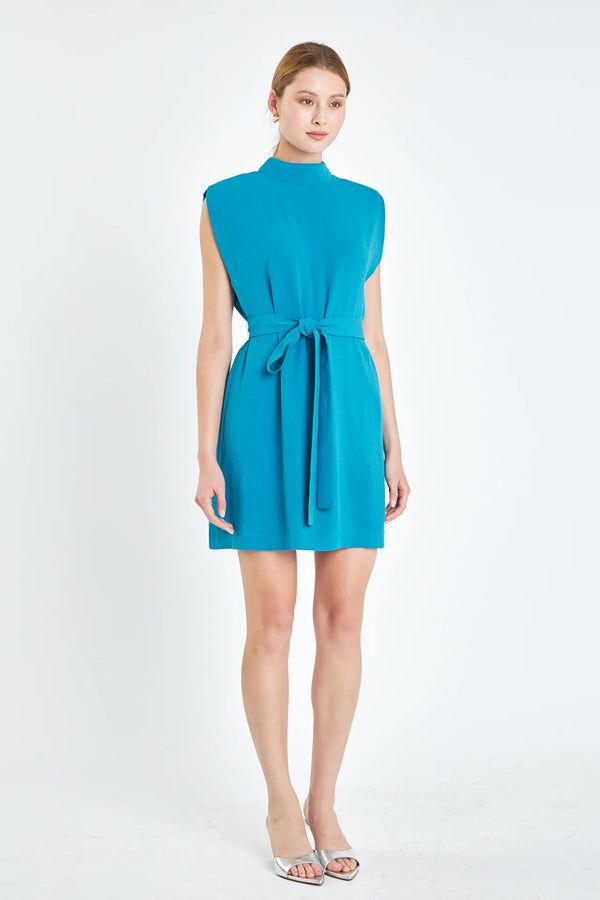 Sleeveless Shoulder Pad Shift Dress with Tie