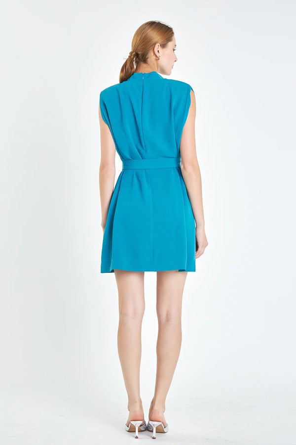 Sleeveless Shoulder Pad Shift Dress with Tie