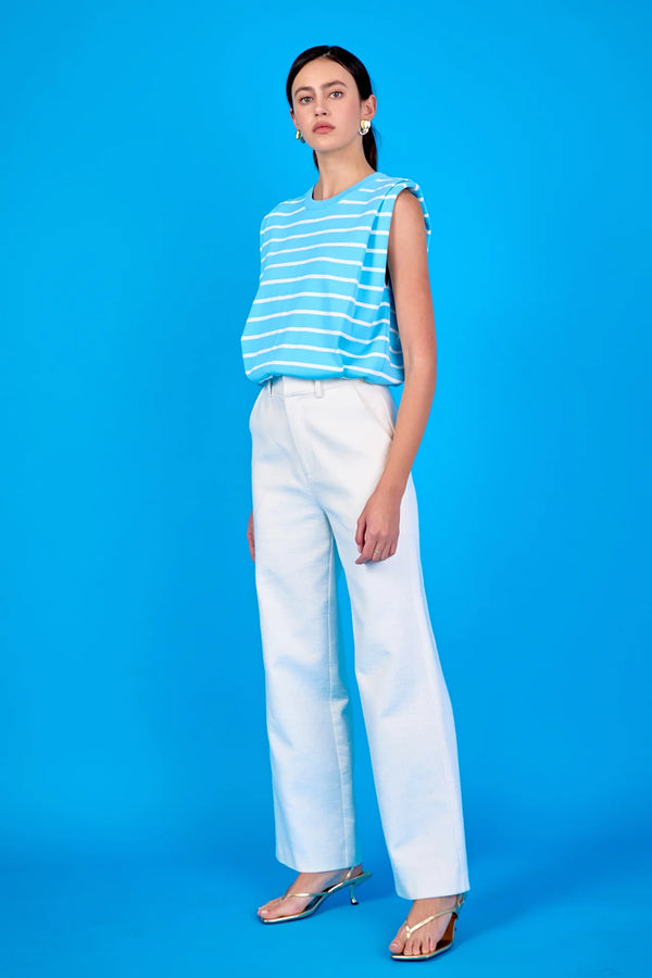 Stripe Sleeveless Pleated Knit Top