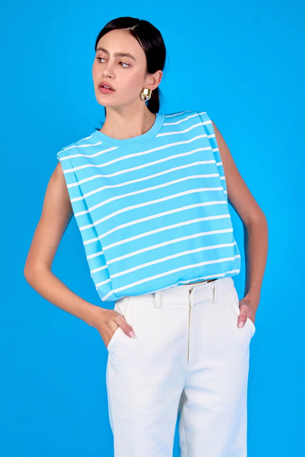 Stripe Sleeveless Pleated Knit Top