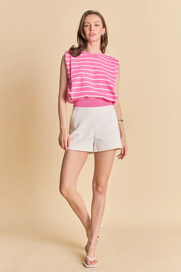 Stripe Sleeveless Pleated Knit Top