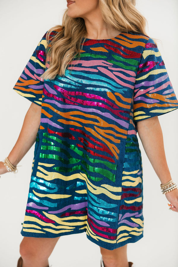 Denim with Rainbow Tiger Short Sleeve Dress