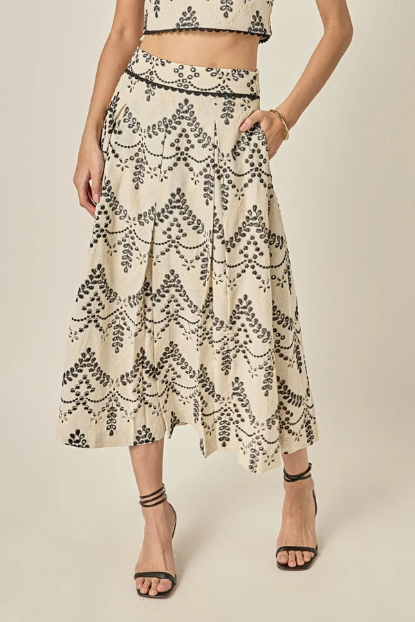 Linen Embroidered Midi Full Skirt