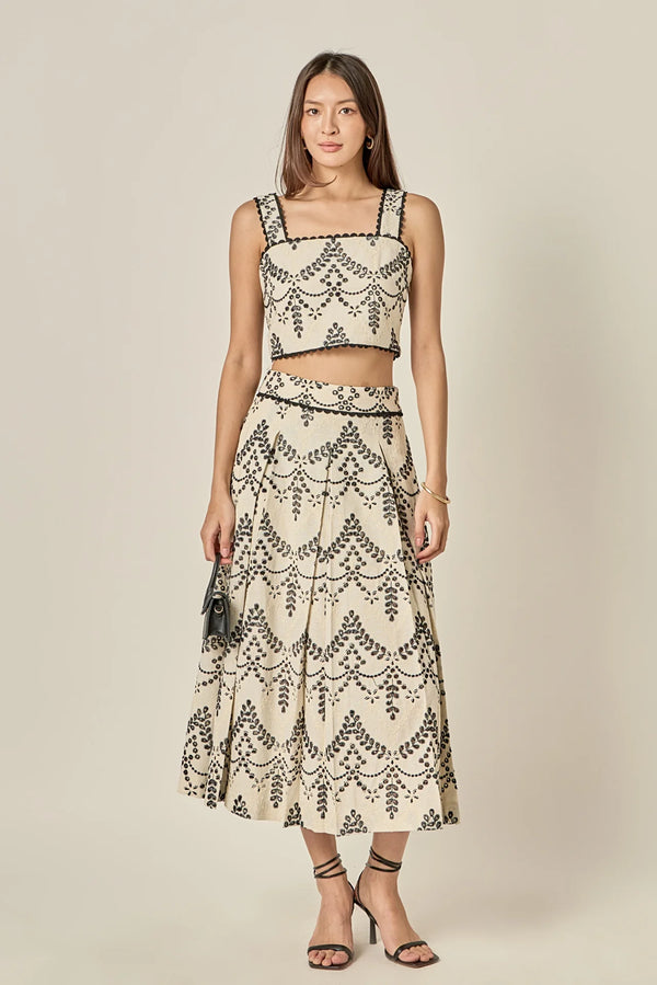 Linen Embroidered Midi Full Skirt