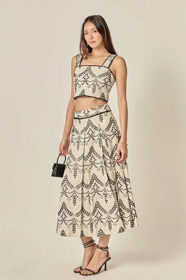 Linen Embroidered Midi Full Skirt
