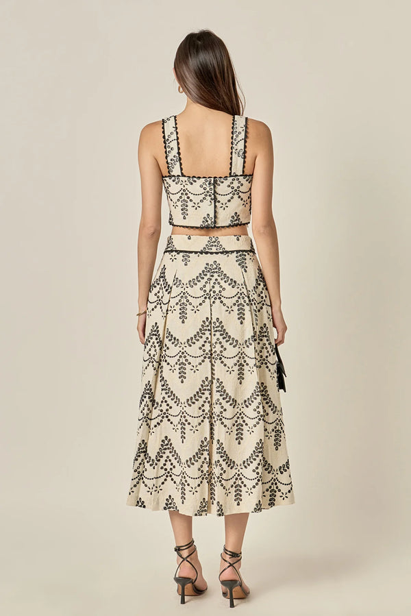 Linen Embroidered Midi Full Skirt