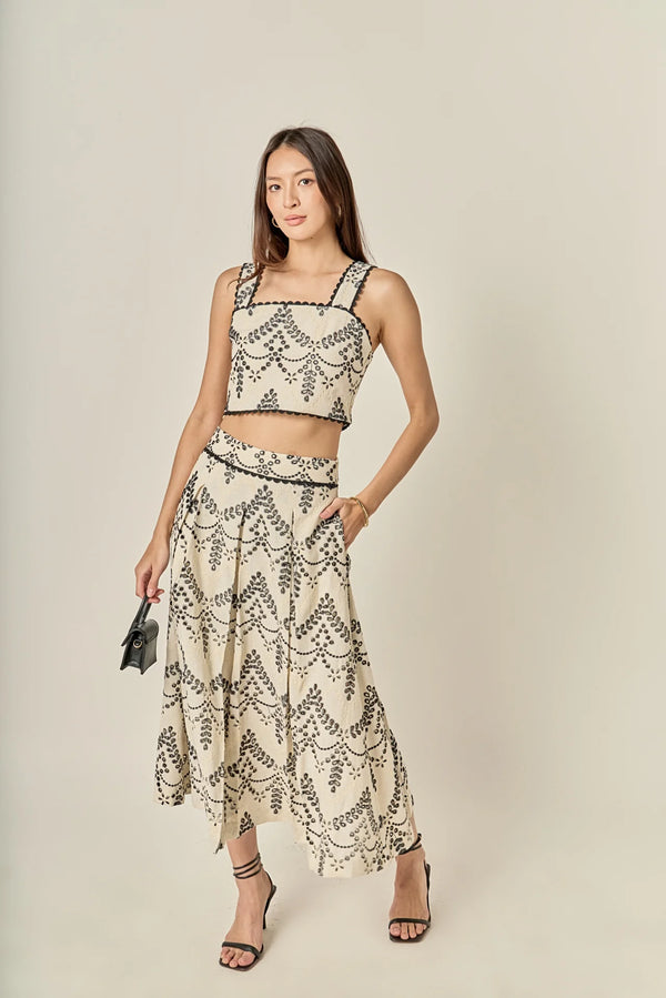 Linen Embroidered Midi Full Skirt