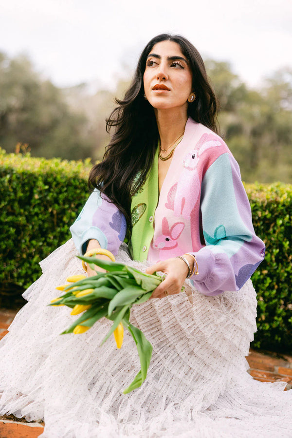 Rainbow Colorblock Easter Bunny Button Up Cardigan