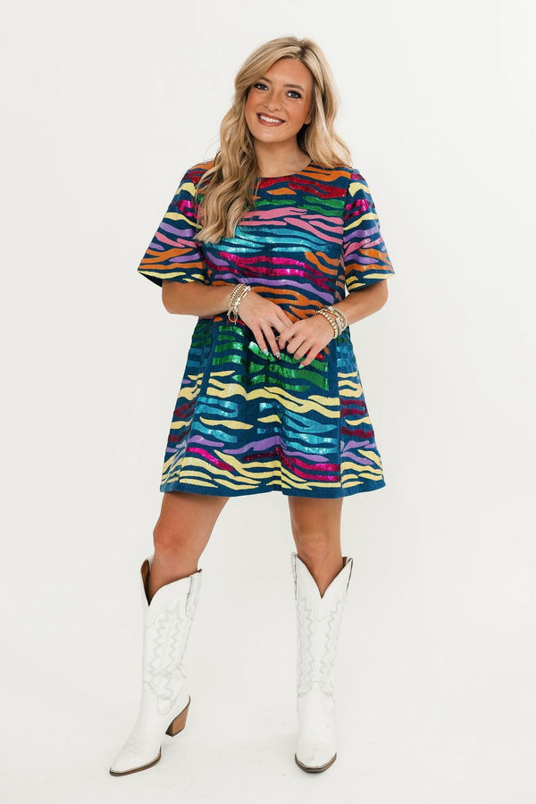 Denim with Rainbow Tiger Short Sleeve Dress
